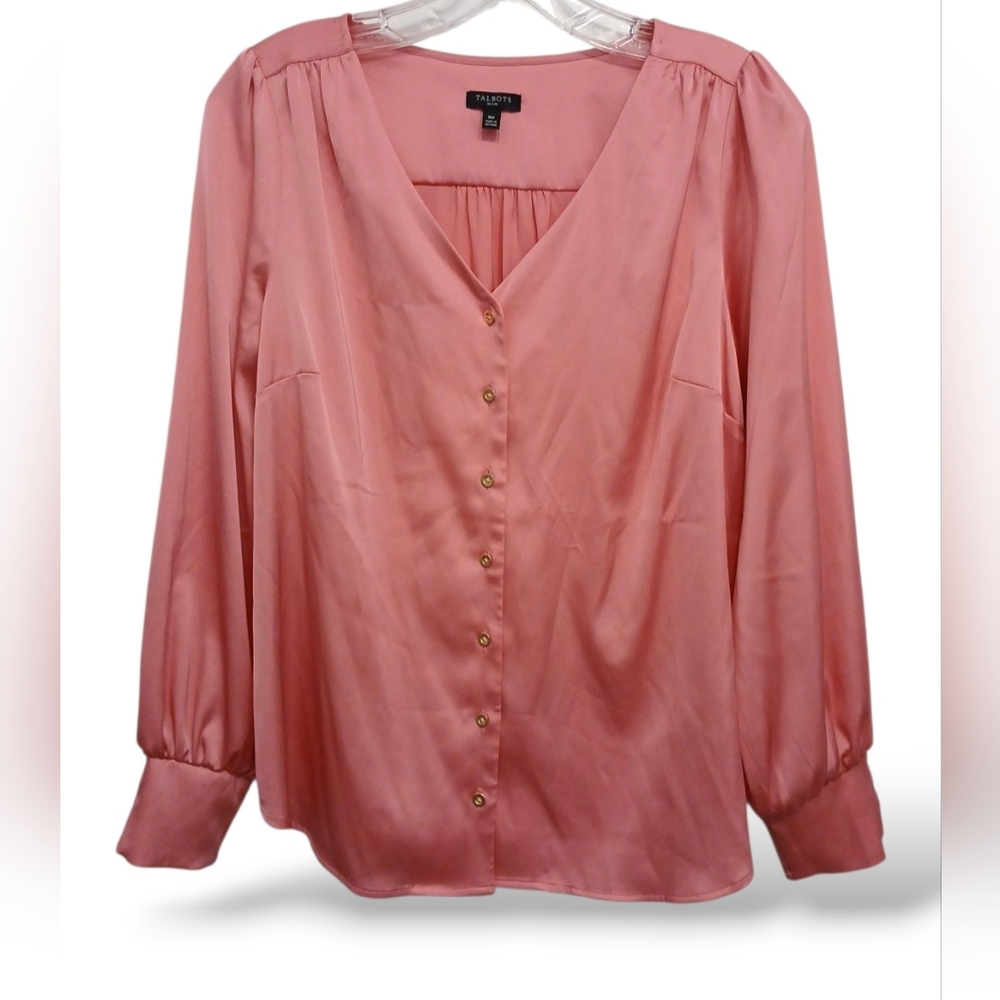Talbots Satin‎ Pink Button-Up Blouse M Barbiecore Romantic Office Chic Cocktail